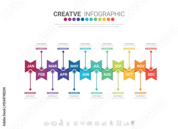Fototapeta Infographics element design for all month, 12 months, can be used for Business workflow, process diagram, flow chart.