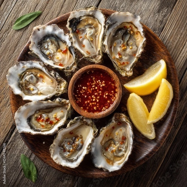 Fototapeta Freshly opened oysters with lemons and dipping sauce, presented on a rustic wooden plate, evoking a sense of culinary delight