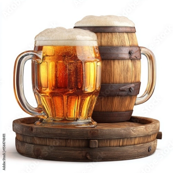 Fototapeta Two beer mugs and barrel on a wooden platform, with a foamy head. A rich, golden color fills the glass, and the barrel adds a rustic touch. The scene creates a feeling of refreshment and enjoyment