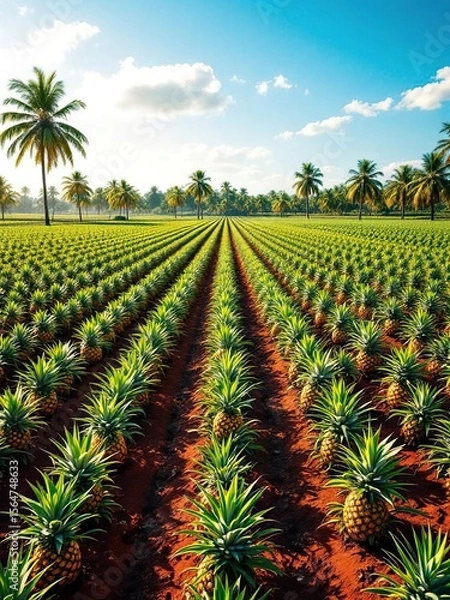 Fototapeta Pineapple plantation under a bright blue sky with palm trees in the distance on a sunny day
