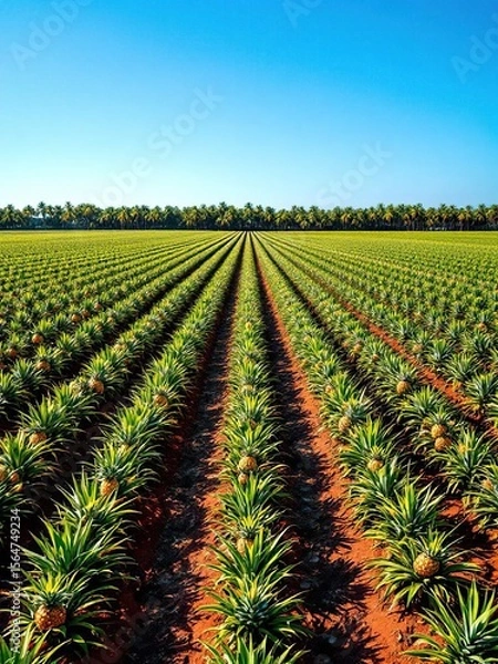 Fototapeta Aerial view of pineapple plantation under a clear blue sky with distant trees in the background