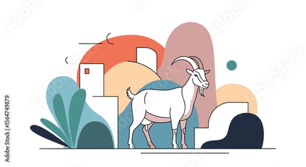 Fototapeta Goat Standing Near Abstract Architectural Structure Illustration