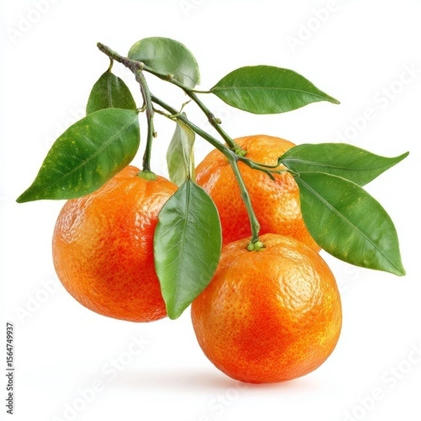Fototapeta Close up view of fresh tangerines still attached to the branch. The fruits are bright orange, surrounded by fresh green leaves