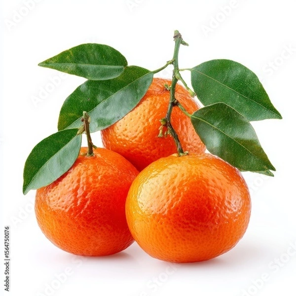 Fototapeta A vibrant close-up of three ripe tangerines, adorned with lush green leaves, against a backdrop of light