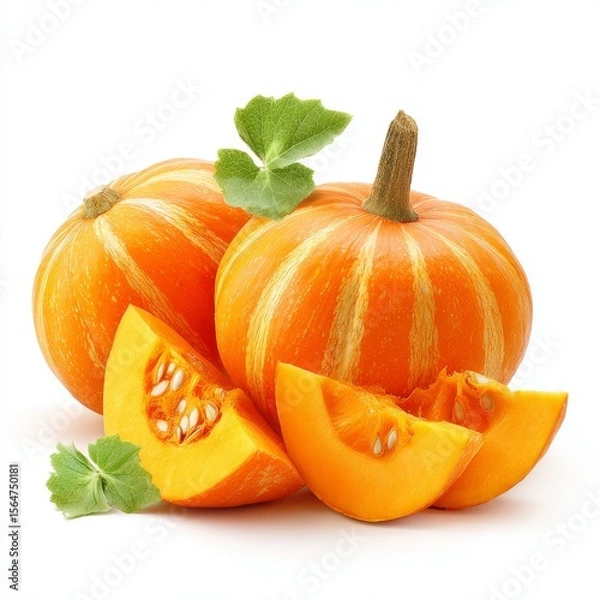 Fototapeta Fresh and vibrant pumpkins, with slices, creating an inviting still life composition