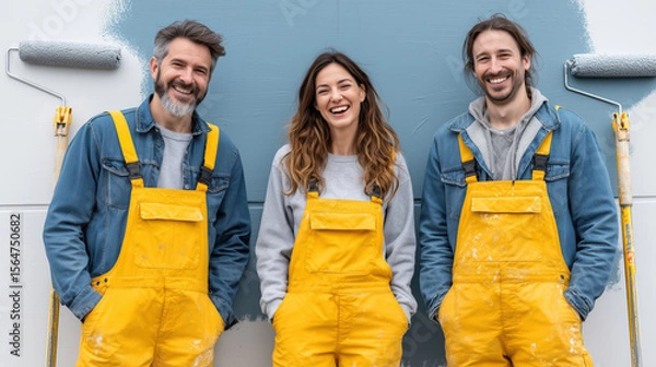 Fototapeta Three industrial painters in yellow overalls stand in front of painted wall, smiling and enjoying candid moment