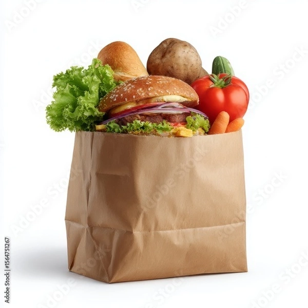 Fototapeta A paper bag filled with a delicious burger, fresh vegetables, and bread rolls.  The contents represent a healthy and satisfying meal