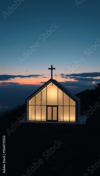 Fototapeta Modern Minimalist Chapel Glowing at Twilight, Serene Landscape