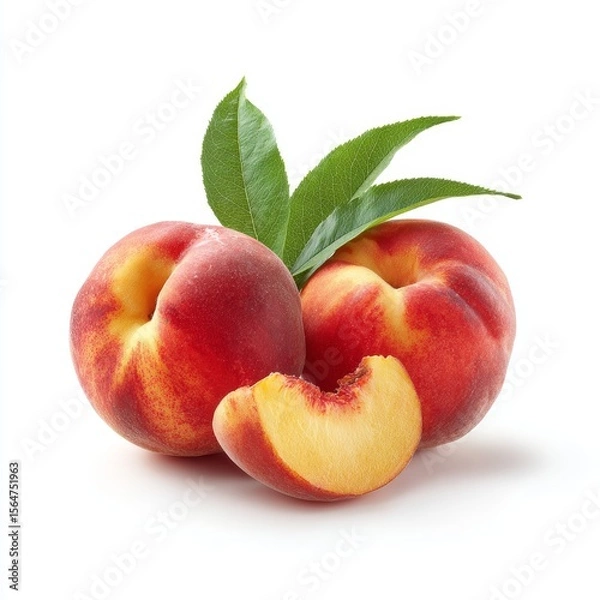 Fototapeta Two ripe peaches and a peach slice with green leaves. The peaches are juicy and fresh, ready to be eaten.