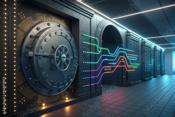 Obraz Large vault door data center with colorful light lines flowing through server racks, representing secure digital data transfer and encryption, creating futuristic and secure technology environment