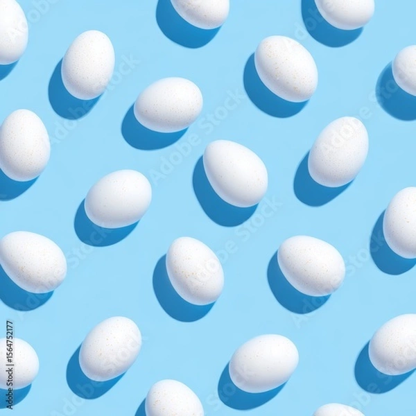 Fototapeta White eggs arranged in a repeating pattern on a light blue background
