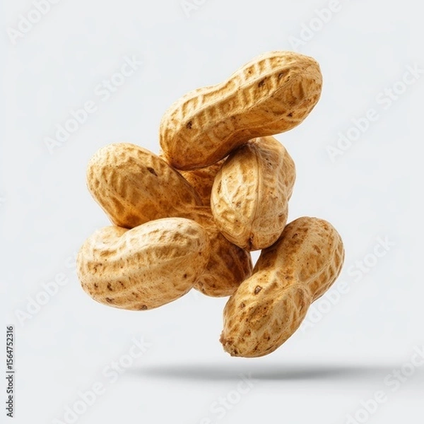 Fototapeta A cluster of peanuts, captured mid-air, with a focus on texture and form. The image highlights the peanuts' unique shapes and the intricate details of their shells