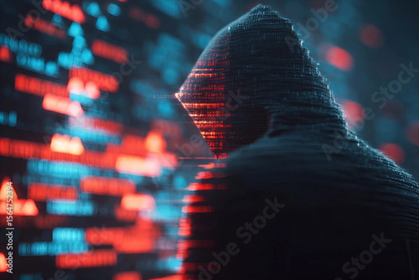 Fototapeta Hooded figure in dark environment surrounded by digital code and data streams, representing cyber security or hacking activity, with mysterious and intense atmosphere