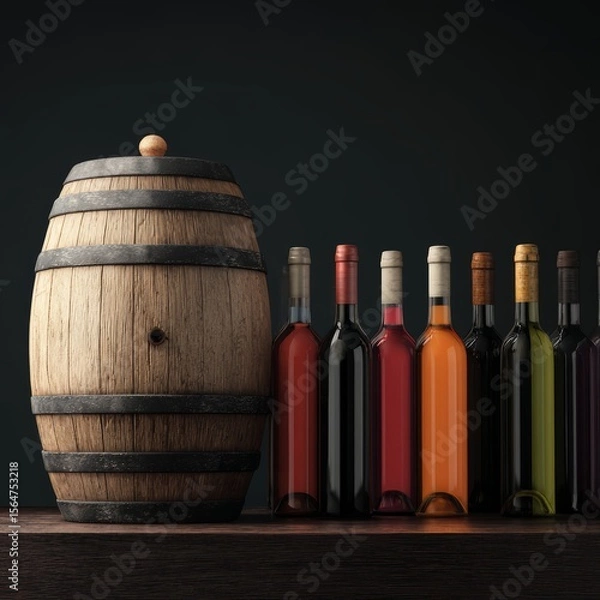 Fototapeta A wooden barrel and colorful wine bottles arrangement on a wooden table, ready for a tasting session. This composition showcases various wine varieties.