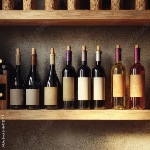 Fototapeta Wine bottles on wooden shelf in wine cellar. Close-up view of wine bottles with blank labels.  Elegant wine collection.