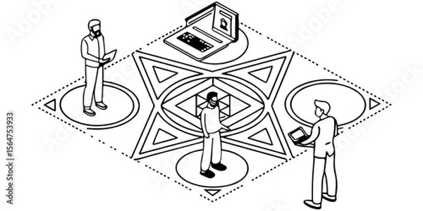 Obraz Three people with tablets around a laptop on a geometric patterned surface in black and white depicting communication and collaboration.