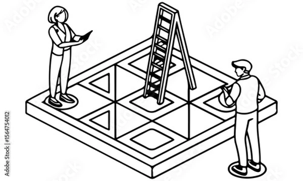 Obraz Isometric illustration of two people working on laptops on a segmented platform with geometric shapes