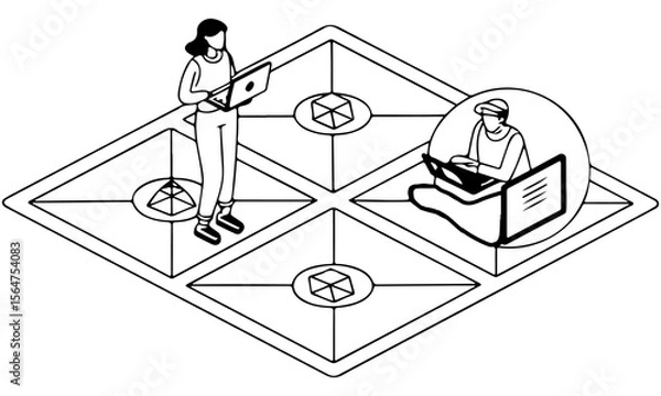 Obraz Isometric illustration of two people working on laptops on a segmented platform with geometric shapes