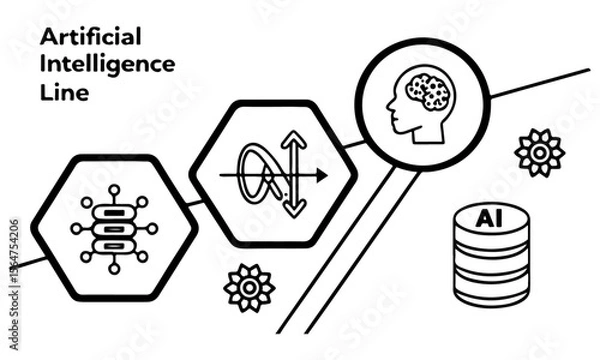 Obraz Artificial intelligence line diagram showing connected icons of data processing and brain activity.