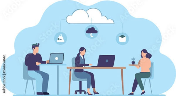 Fototapeta People working on laptops under a cloud with icons of storage, weather and a graduation cap above them