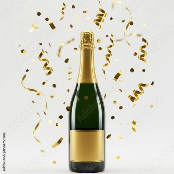 Fototapeta Elegant champagne bottle with golden confetti on white background, ideal for celebration visuals, New Year events, party promotions, festive and luxury lifestyle content