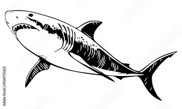 Obraz  black and white shark with its mouth open and sharp teeth visible on a white background.