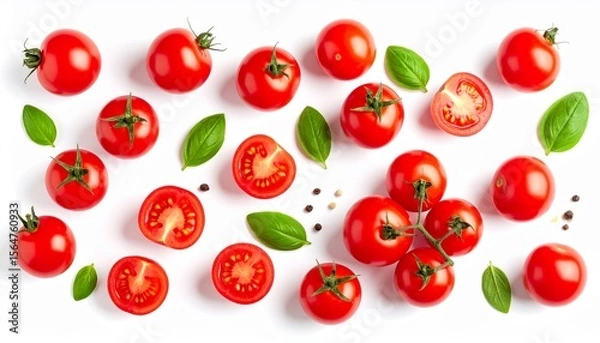 Fototapeta Vibrant Red Tomatoes and Fresh Basil Leaves Isolated on White Background.