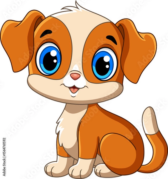 Fototapeta Illustration of cartoon little cute dog and adorable sitting and smiling on white background