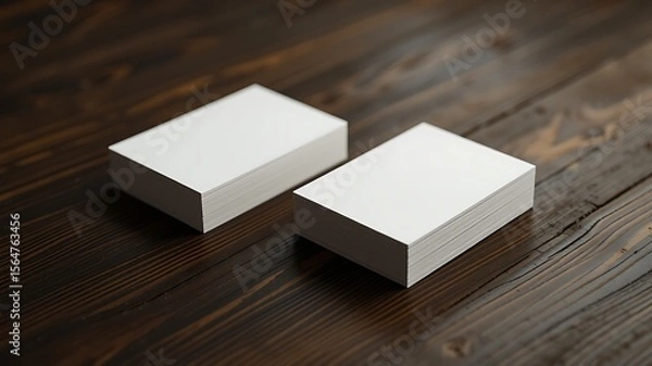 Fototapeta Two stacks of blank white business cards elegantly placed on a rustic dark wooden surface with soft lighting