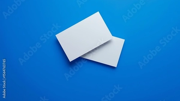Fototapeta Clean white rectangular cards or business cards elegantly overlapping on a vibrant solid blue background with soft shadows