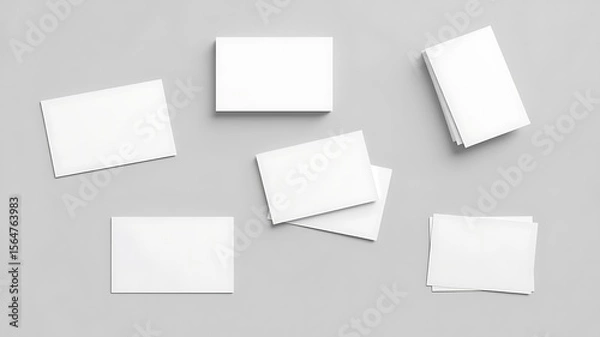 Fototapeta Clean white business cards scattered on a light gray background mockup for branding and design presentations
