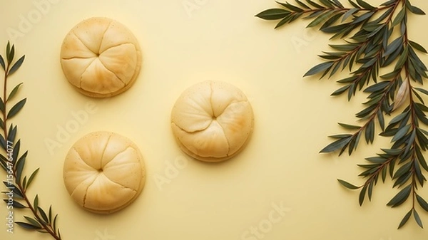 Fototapeta Three golden brown kaiser rolls with dark green eucalyptus branches arranged on a soft yellow background for a natural aesthetic