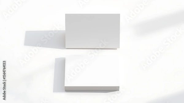 Fototapeta Two blank white square cards or brochures casting soft shadows on a clean white background top down view