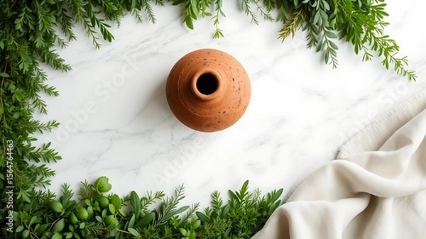 Fototapeta A rustic terracotta pot rests on a marble surface surrounded by fresh green foliage and a draped cream cloth