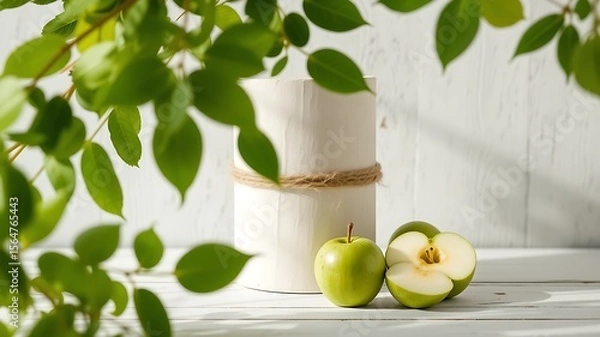 Fototapeta Fresh green apples and a white cylindrical object with twine accent surrounded by lush green leaves