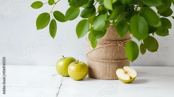 Fototapeta Fresh green apples and lush foliage arranged artfully on a white wooden surface with a burlap wrapped vase