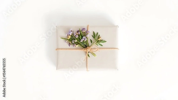 Fototapeta A simple rectangular gift wrapped in light brown paper adorned with a delicate bouquet of small purple flowers and twine