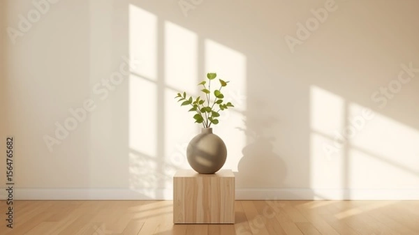 Fototapeta Minimalist interior scene featuring a simple grey vase with green foliage on a wooden cube pedestal against a cream wall with window light