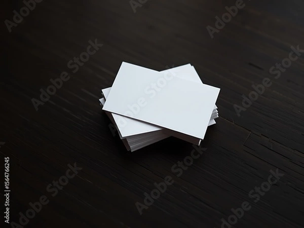 Fototapeta Blank white business cards stacked on a dark wooden surface ready for branding and design customization