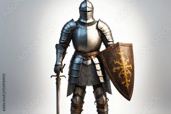 Fototapeta A full-length studio shot of a knight in shining armor, half silver, half grey, holding a sword and a shield with an ornate emblem.  The background is a simple, neutral grey