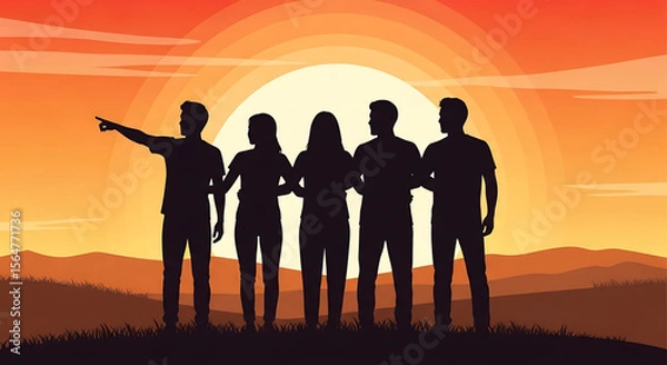 Fototapeta Silhouetted Group of People Standing Together at Sunset, One Pointing Forward