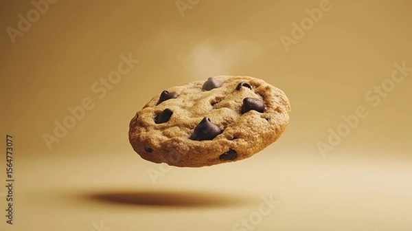 Fototapeta A stylized chocolate chip cookie appears suspended in time against a solid cookie beige background. The golden edges and gooey chocolate chips are highlighted, with a faint steam rising 