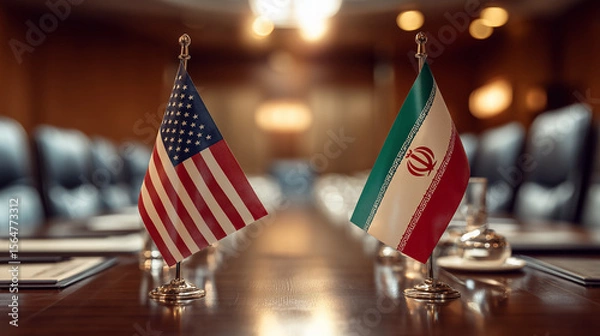 Fototapeta Diplomatic negotiations iran and usa flags display conference room close-up view iran flags and american flag integration