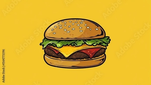 Fototapeta A stylized cheeseburger appears suspended in time against a solid mustard yellow background. The juicy beef patty, melted cheese, and fresh lettuce, with a sesame seed bun and a drizzle of ketchup