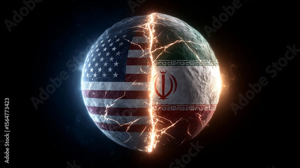 Fototapeta Tensions rise iran flags and american flag split the globe global conflict 3d rendering dark space political discourse