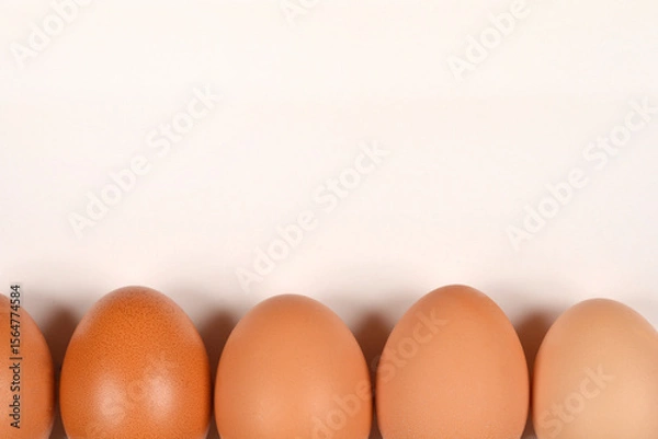 Obraz A row of brown eggs is neatly aligned at the bottom of a plain, light-colored background, offering ample copy space above