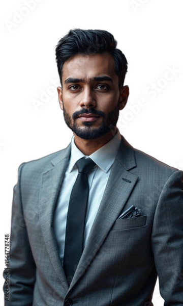 Fototapeta A South Asian male entrepreneur in a smart gray suit, surrounded by floating digital currency symbols and holographic tech icons