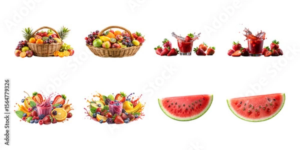 Obraz A variety of fresh fruits and juices are isolated on white background, showcasing a healthy and vibrant collection