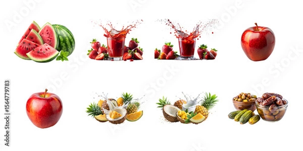 Obraz A colorful assortment of fruits and juices including watermelon, strawberries, apples, and tropical fruits isolated on white background
