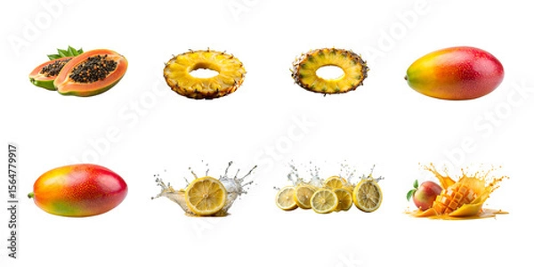 Obraz A colorful assortment of tropical fruits with water splashes including papaya, pineapple, mango, and lemon isolated on white background